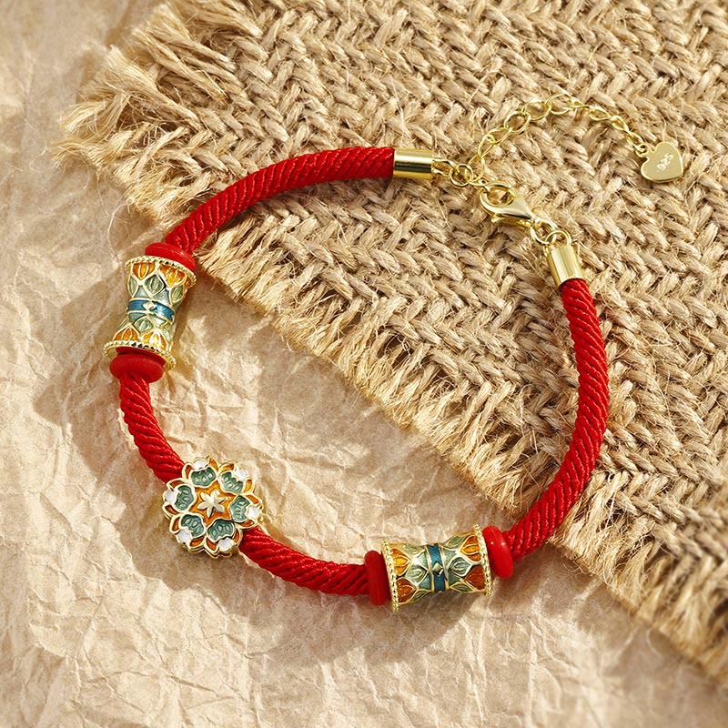 Bracelet tambour lotus en argent sterling 925 avec corde rouge | Nouveaux départs