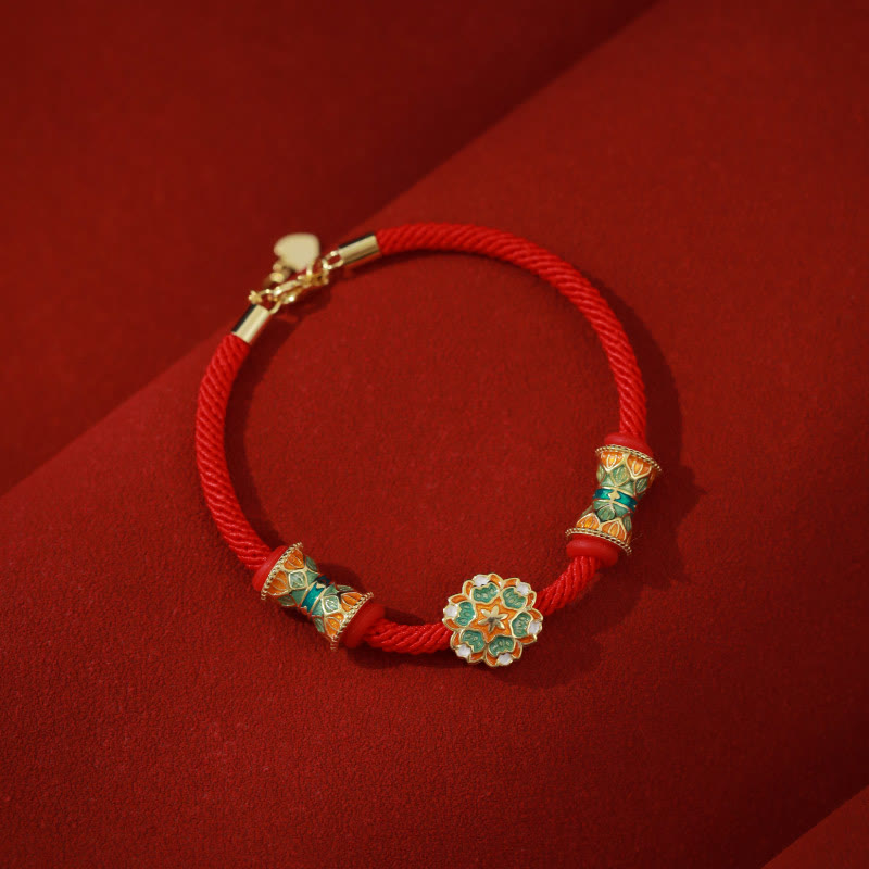 Bracelet tambour lotus en argent sterling 925 avec corde rouge | Nouveaux départs