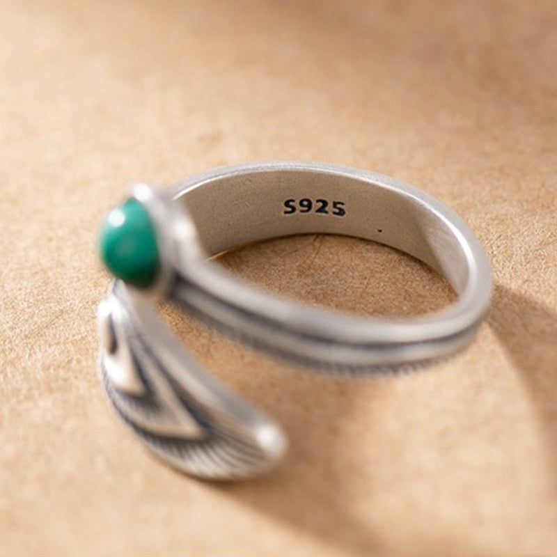 Bague de protection en argent sterling 925 avec motif de plumes et malachite