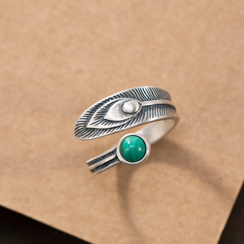 Bague de protection en argent sterling 925 avec motif de plumes et malachite