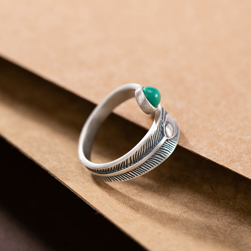 Bague de protection en argent sterling 925 avec motif de plumes et malachite