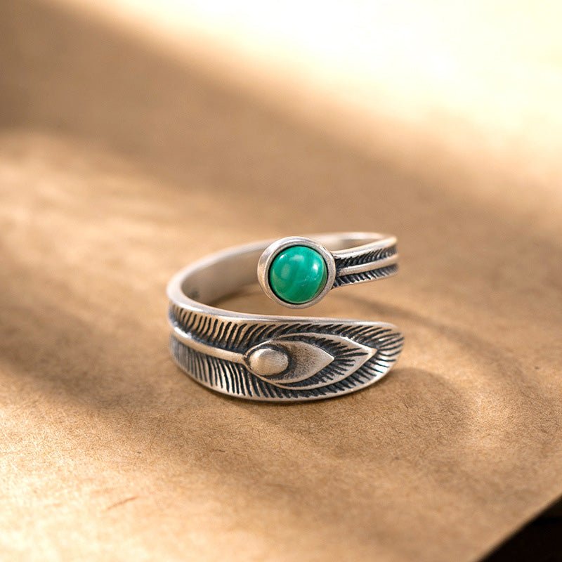 Bague de protection en argent sterling 925 avec motif de plumes et malachite