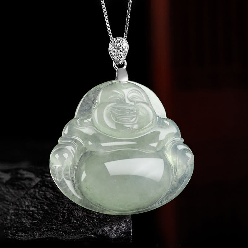 Collier de prospérité en argent sterling 925 et jade naturel avec Bouddha rieur