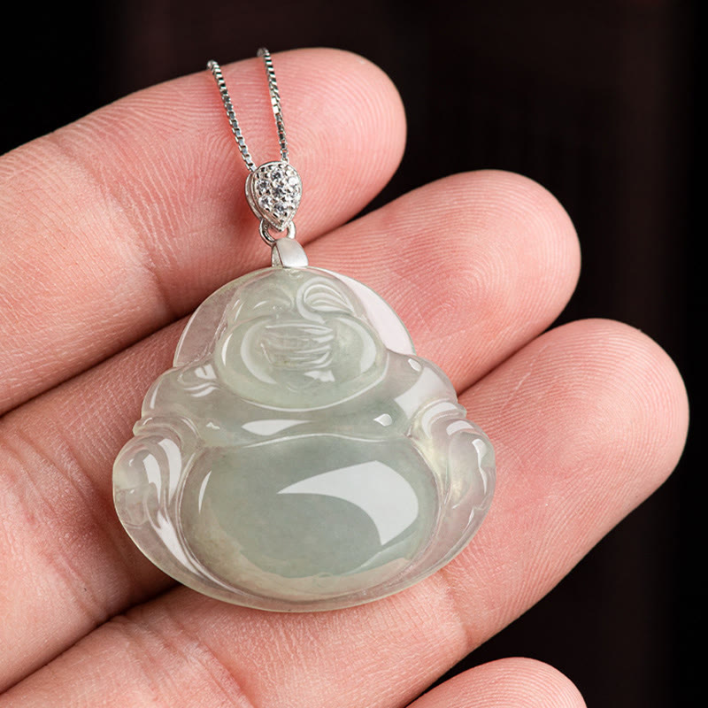Collier de prospérité en argent sterling 925 et jade naturel avec Bouddha rieur