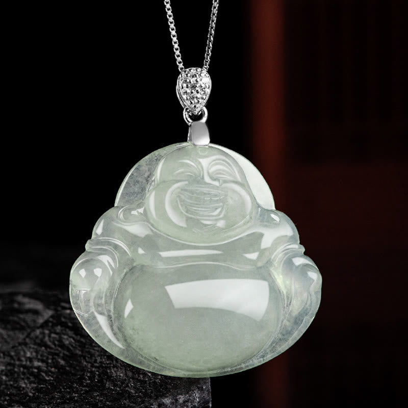 Collier de prospérité en argent sterling 925 et jade naturel avec Bouddha rieur