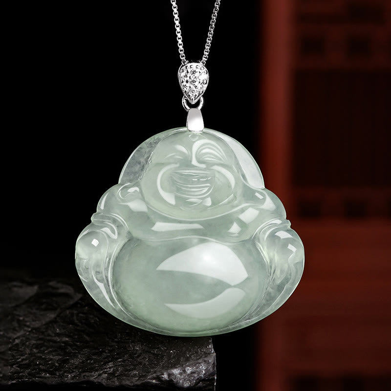 Collier de prospérité en argent sterling 925 et jade naturel avec Bouddha rieur