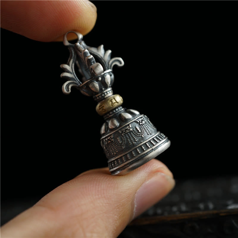 Pendentif cloche Dorje Om Mani Padme Hum en argent sterling 925 | Pouvoir spirituel