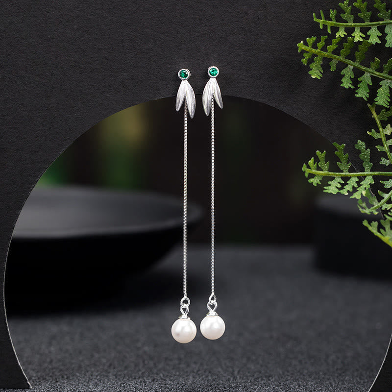 Boucles d'oreilles pendantes en argent sterling 925 avec perles et feuilles de bambou