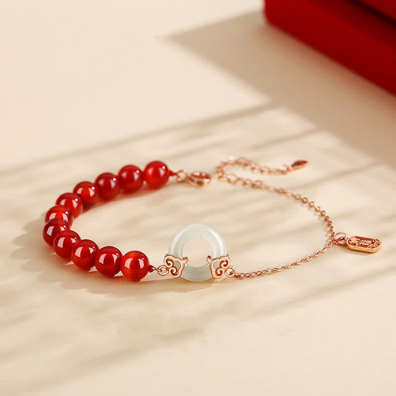 Bracelet en argent sterling 925 avec agate rouge et jade blanc, boucle de paix, pour plus de confiance