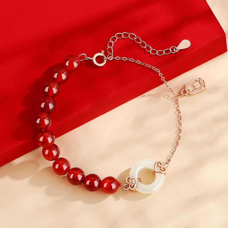 Bracelet en argent sterling 925 avec agate rouge et jade blanc, boucle de paix, pour plus de confiance