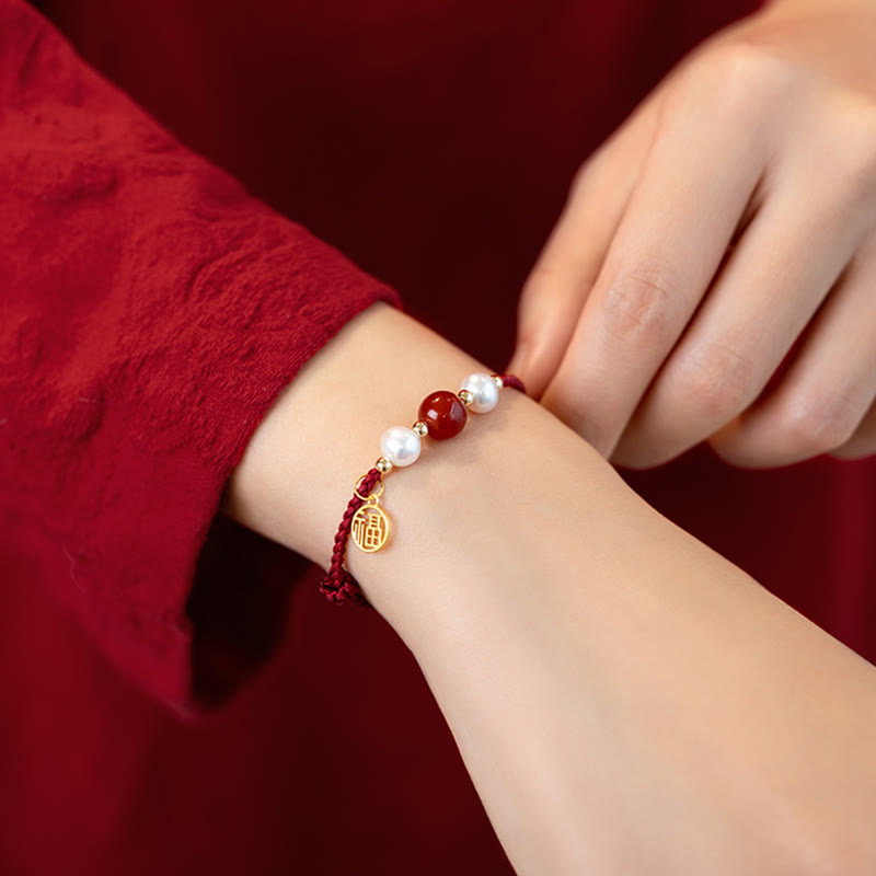 Bracelet en argent sterling 925 avec cordon rouge et personnage Fu
