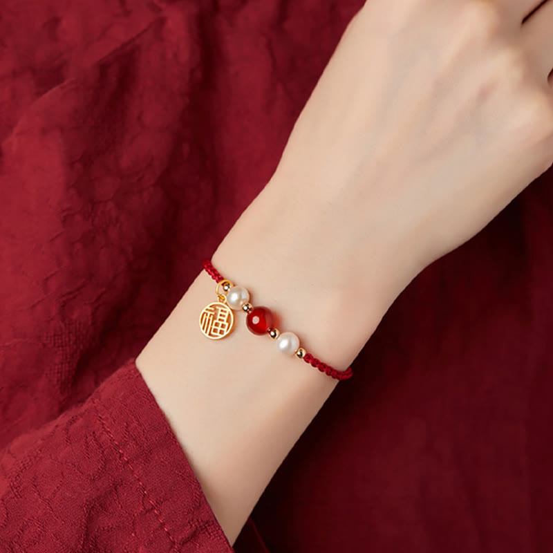 Bracelet en argent sterling 925 avec cordon rouge et personnage Fu