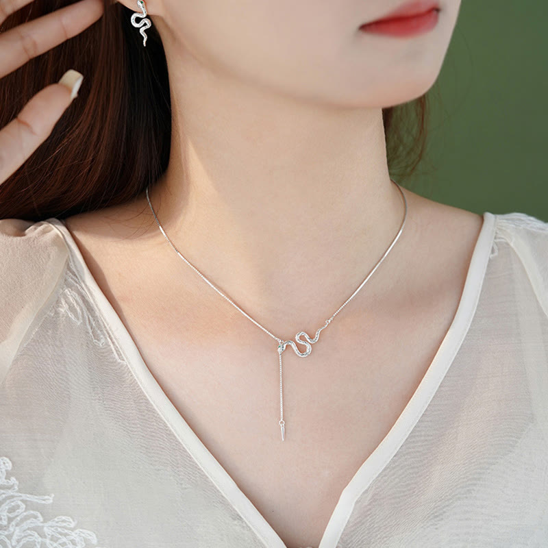 Ensemble collier et boucles d'oreilles en argent sterling 925 avec pendentif serpent