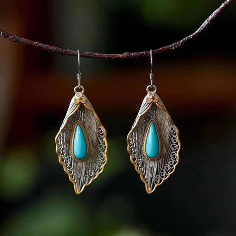 Boucles d'oreilles pendantes en argent sterling 925 avec turquoise et feuille de Bodhi
