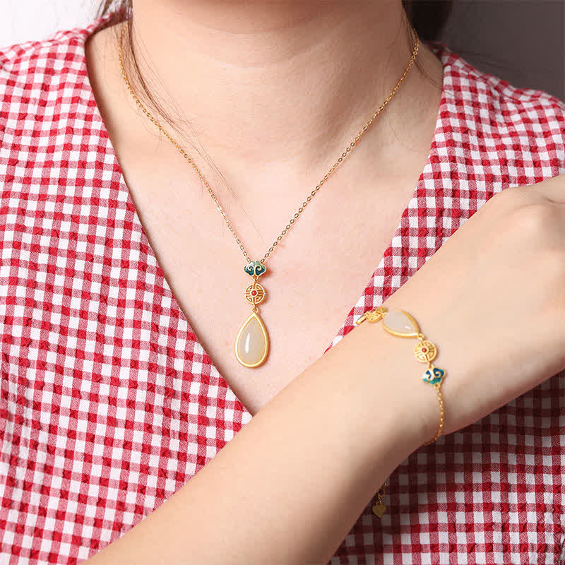 Collier et bracelet en argent sterling 925 avec pendentif en forme de goutte d'eau et jade blanc