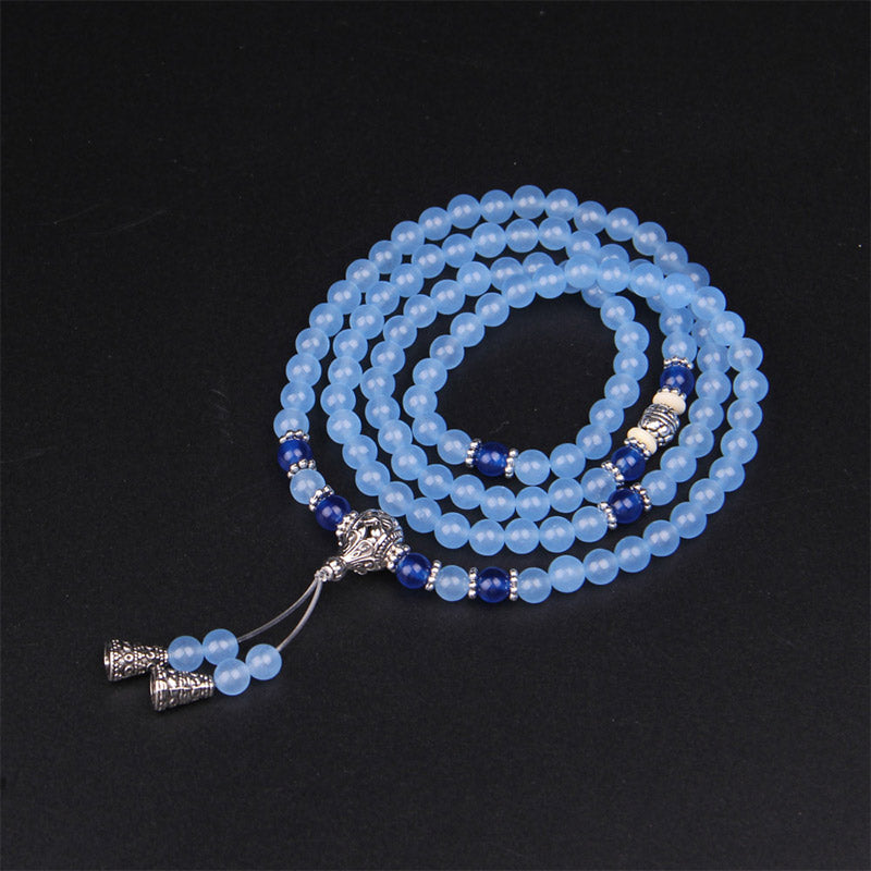 Bracelet Mala 108 perles en cristal bleu et pierres précieuses 6 mm