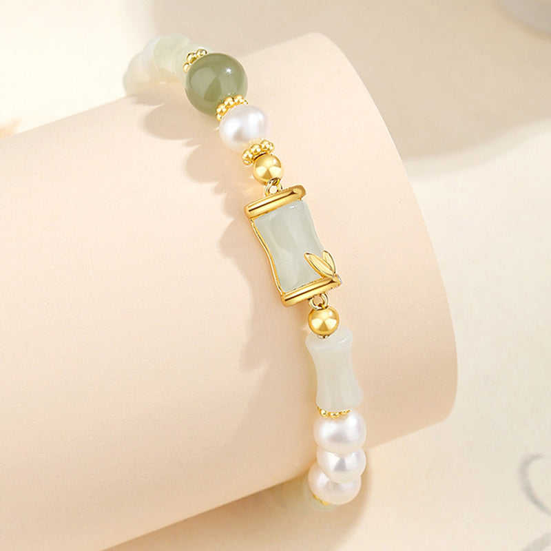 Bracelet en jade blanc Hetian | Argent sterling et bambou, porte-bonheur