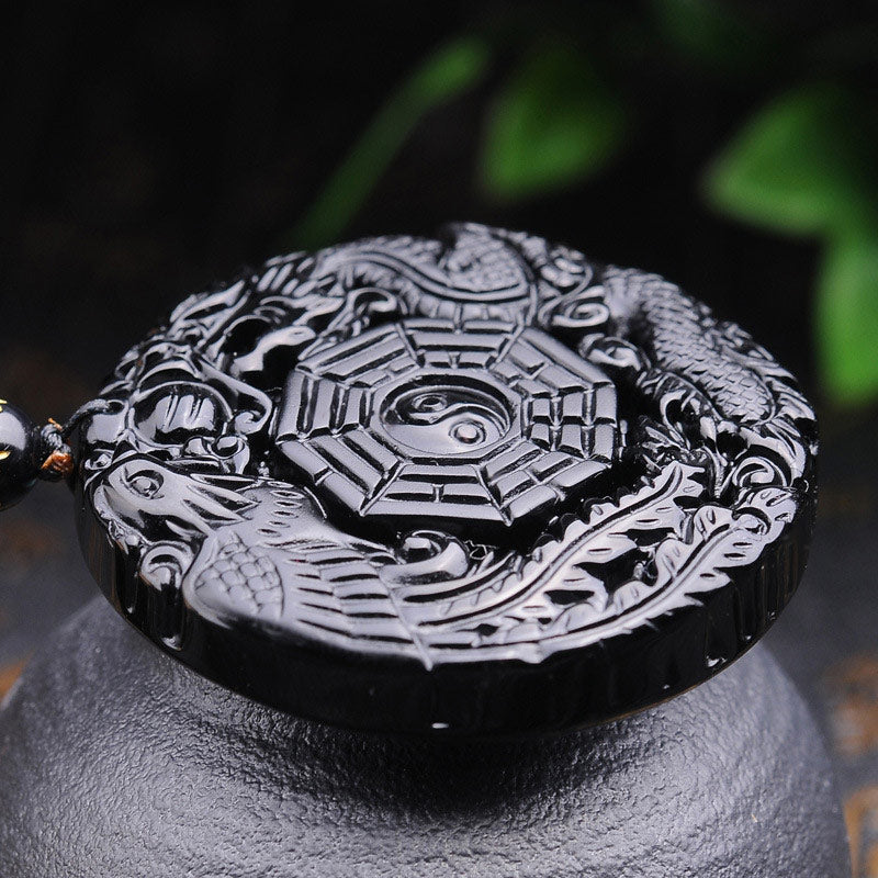 Collier pendentif en obsidienne Bagua Dragon Phoenix Accomplissement
