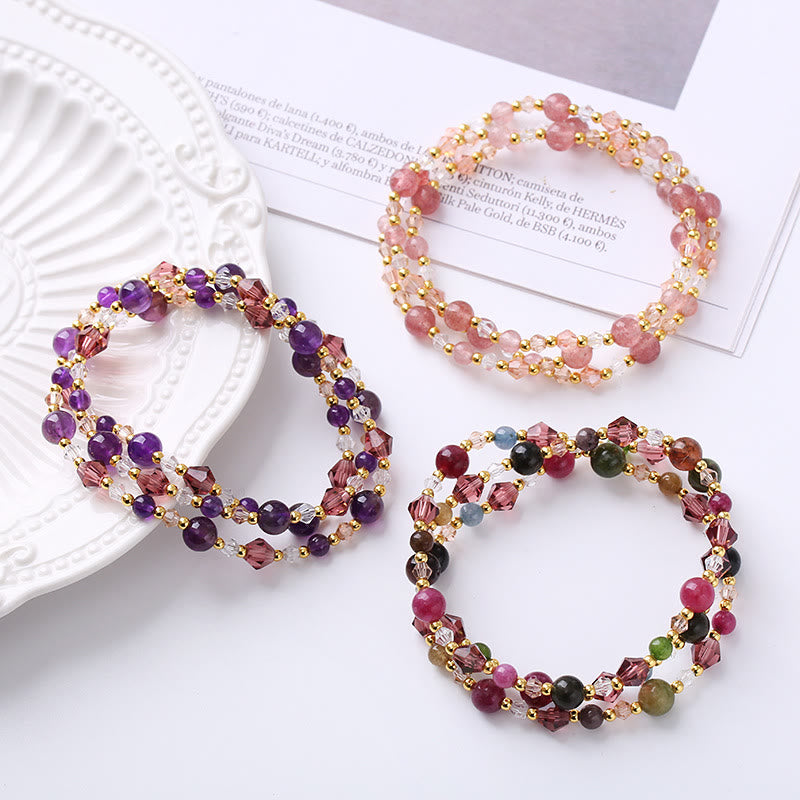 Double Wrap Amethyst Bracelet with Tourmaline & Strawberry Quartz for Peace