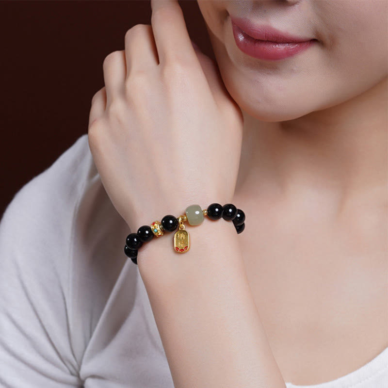 Bracelet porte-bonheur en onyx noir et jade Hetian 8 mm
