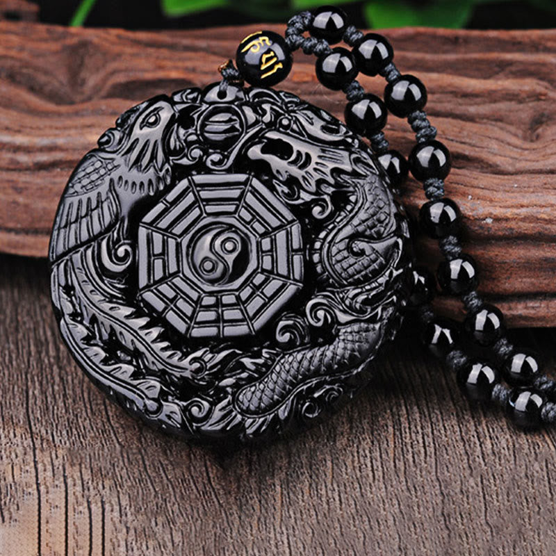 Collier pendentif en obsidienne Bagua Dragon Phoenix Accomplissement