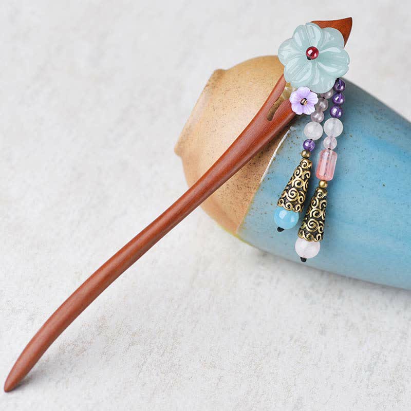 Épingle à cheveux de protection en bois de santal rouge, améthyste et aventurine, style chinois