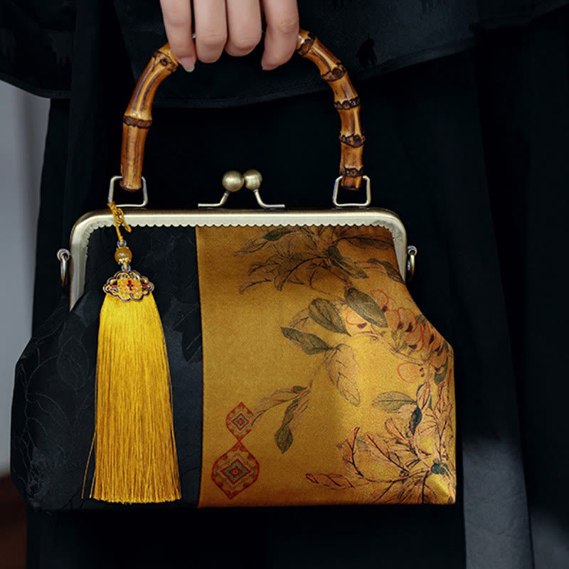 Sac à poignée en bambou inspiré de la nature avec motif de feuilles et d'oiseaux