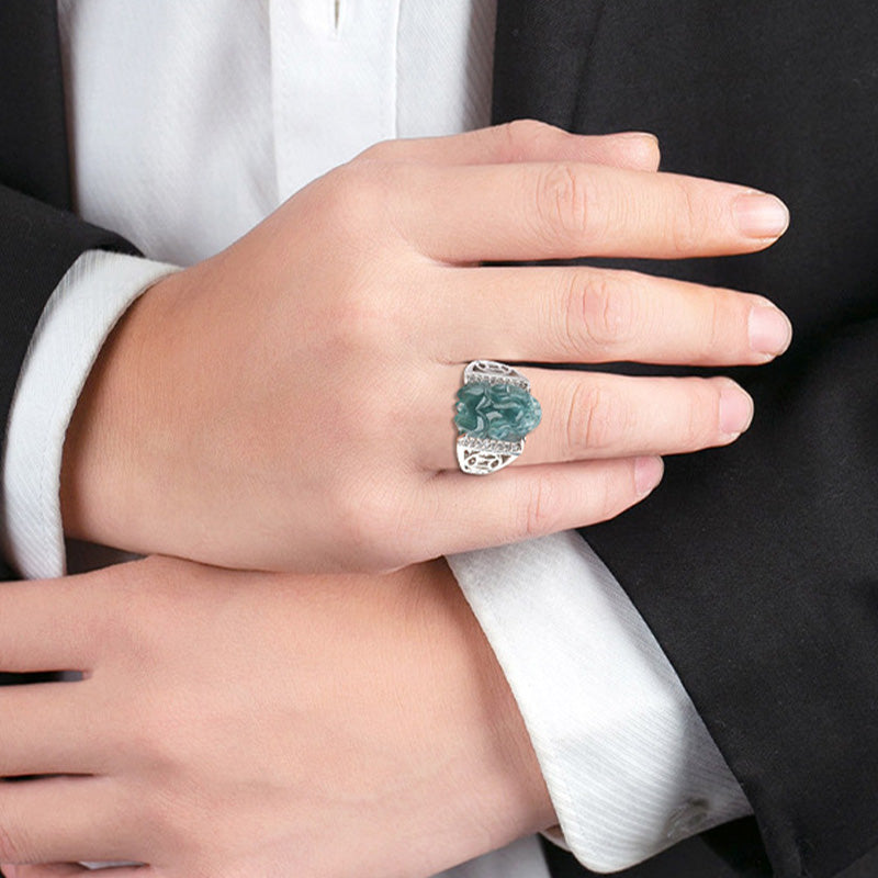 Bague Pixiu en argent sterling et jade pour la richesse et la chance