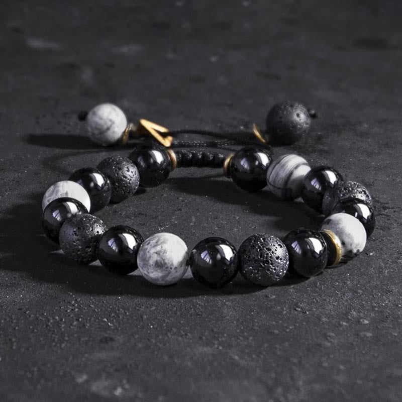 Bracelet Yin Yang en obsidienne noire et pierre de lave pour la force