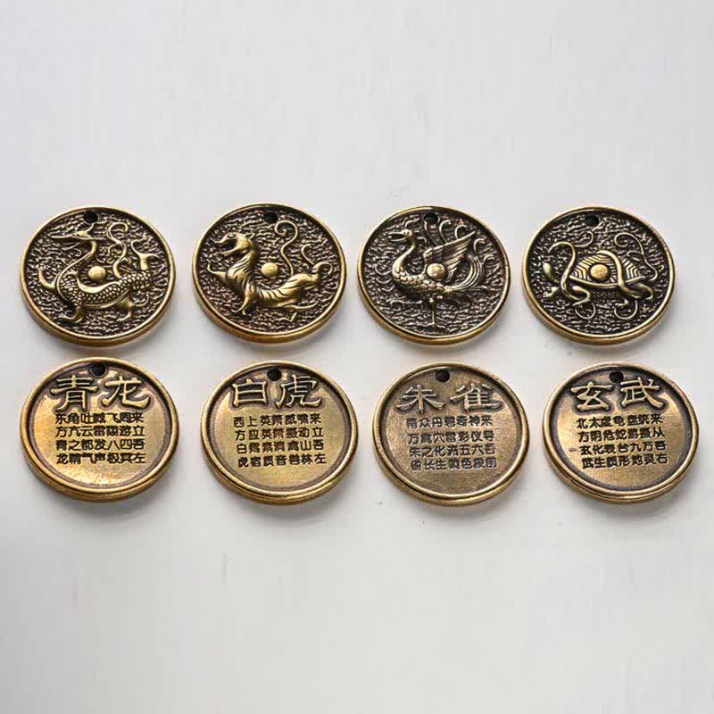 Porte-clés en cuivre à quatre symboles avec dragon azur et créatures mythiques