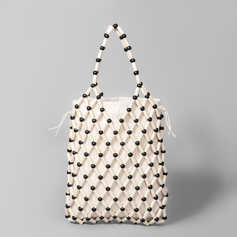Sac en maille tissée à la main avec perles creuses en bois | Bijoux spirituels