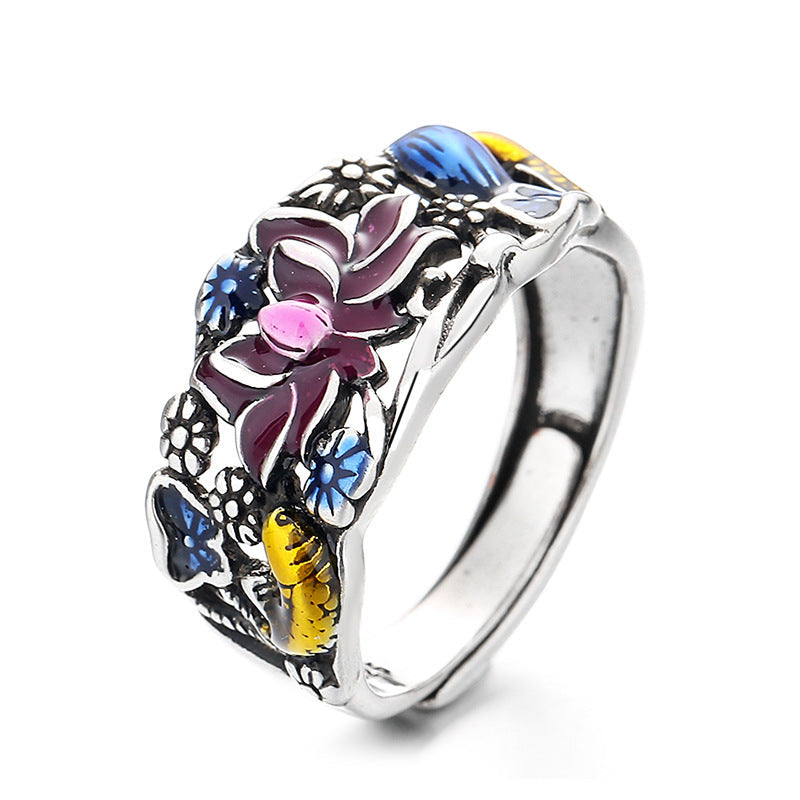 Bague ajustable en cuivre avec motif de poisson koï et porte-bonheur et richesse
