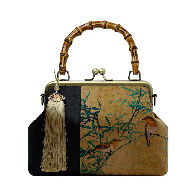 Sac à poignée en bambou inspiré de la nature avec motif de feuilles et d'oiseaux