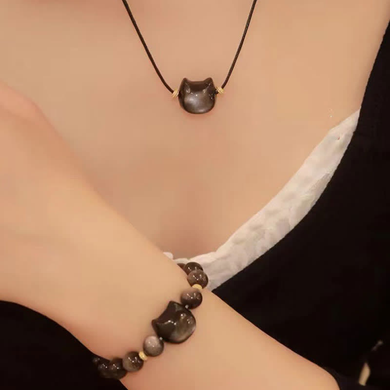 Gold Sheen Obsidian Lucky Cat Protection Bracelet 8mm