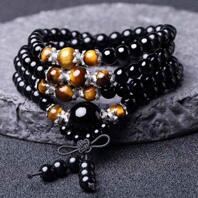 6mm Black Obsidian & Tiger Eye Mala Bracelet for Protection