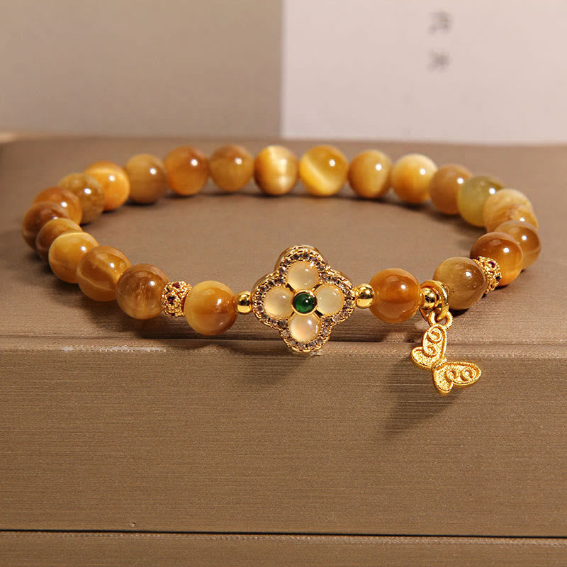 Tiger Eye Protection Bracelet with Four Leaf Clover & Butterfly
