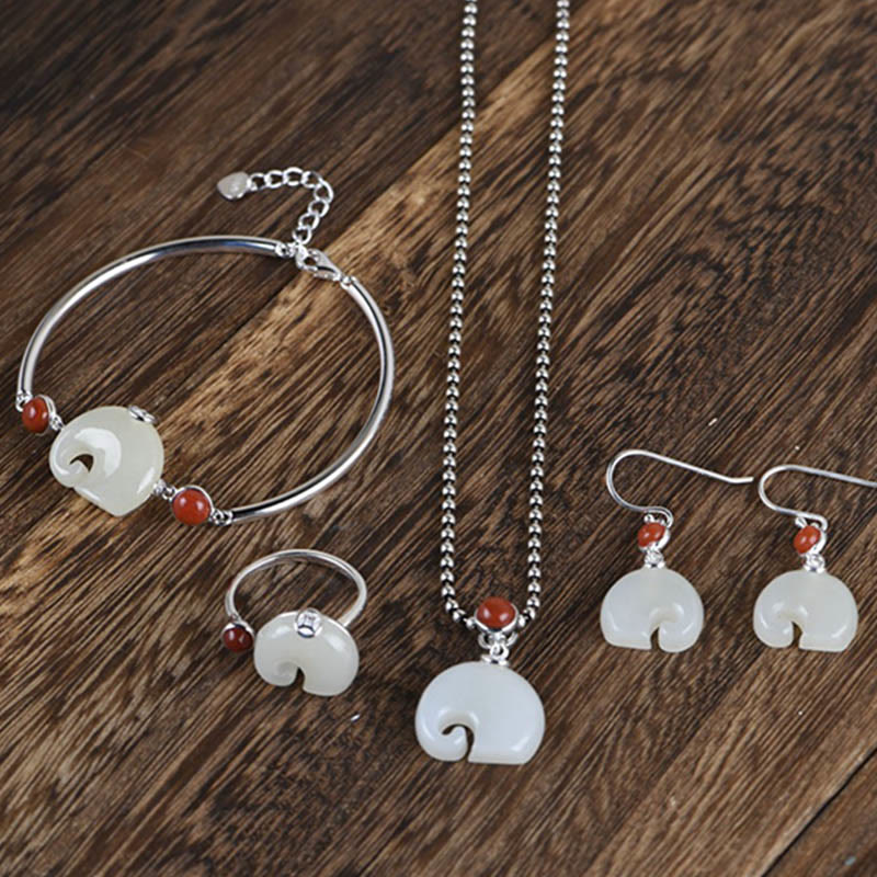 Elephant Hetian Jade 925 Silver Abundance Jewelry Set