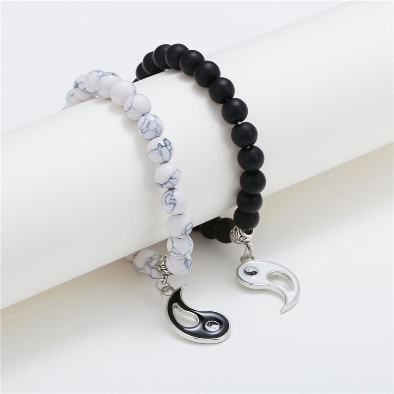 Ensemble de bracelets unisexes Yin Yang avec perles d'onyx noir et de turquoise blanche