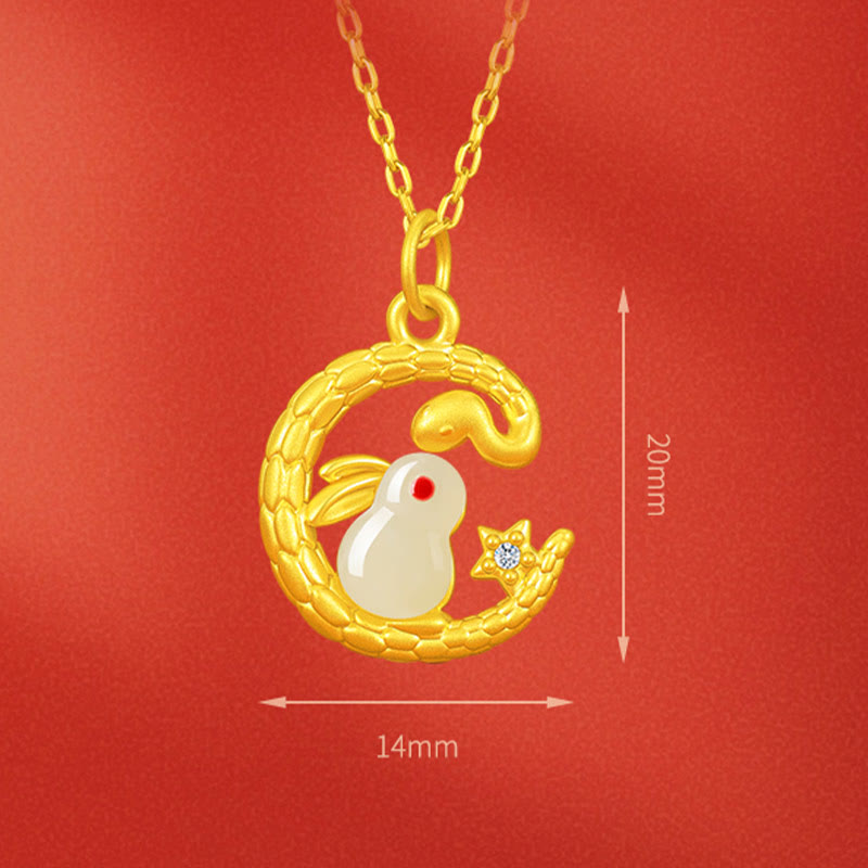 Collier en jade serpent en or 999 autour d'un lapin pour la chance et la protection