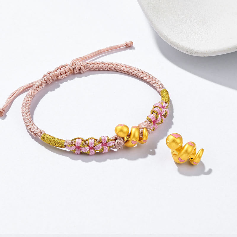 Bracelet porte-bonheur en corde rose serpent en or 999