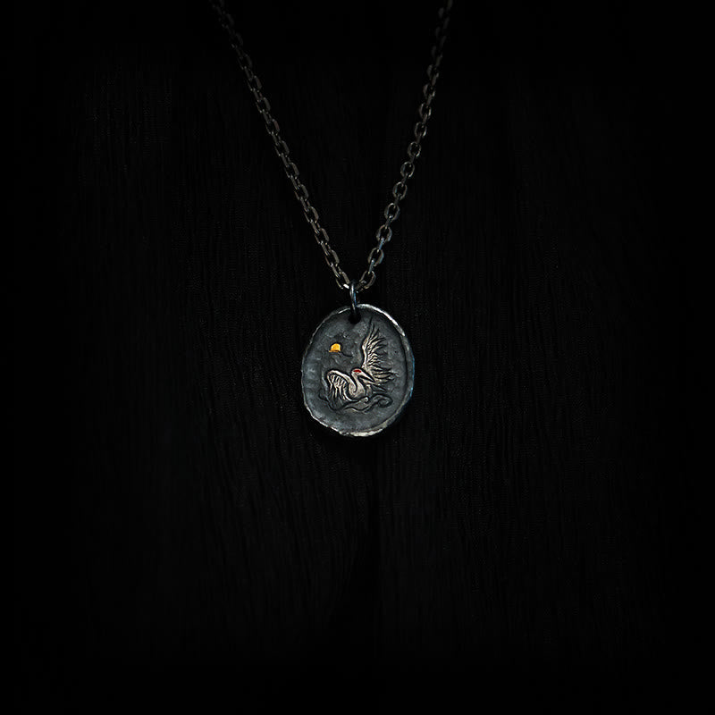 Pendentif grue en argent sterling 999 et or 24 carats, nuages de bon augure