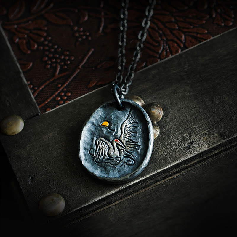 Pendentif grue en argent sterling 999 et or 24 carats, nuages de bon augure
