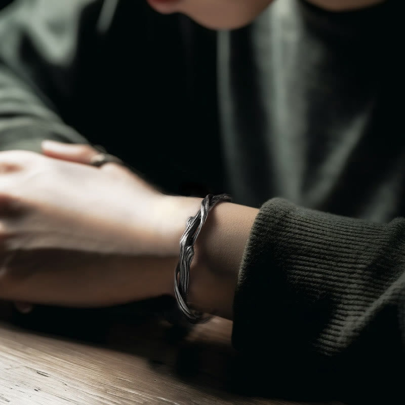 Bracelet manchette en argent sterling 999 et bois flotté Équilibre spirituel