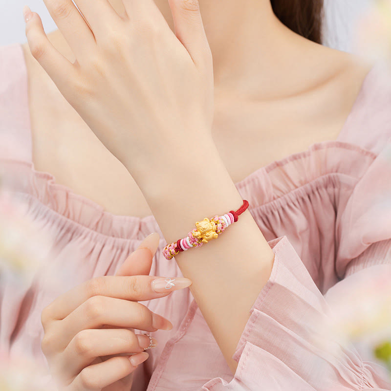 Bracelet en argent sterling 999 avec cordon rouge et chat porte-bonheur