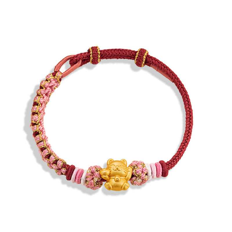 Bracelet en argent sterling 999 avec cordon rouge et chat porte-bonheur