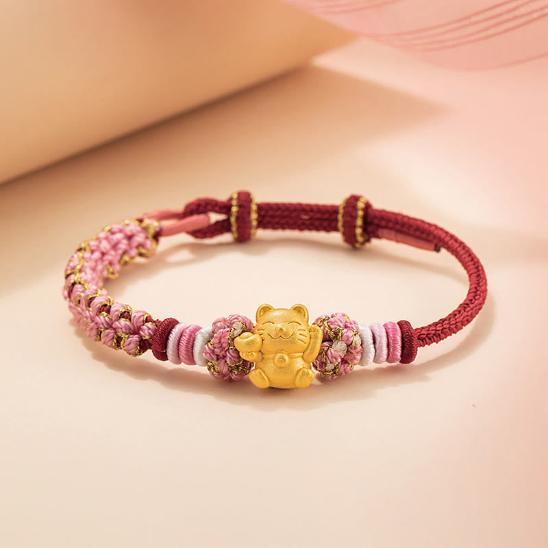 Bracelet en argent sterling 999 avec cordon rouge et chat porte-bonheur