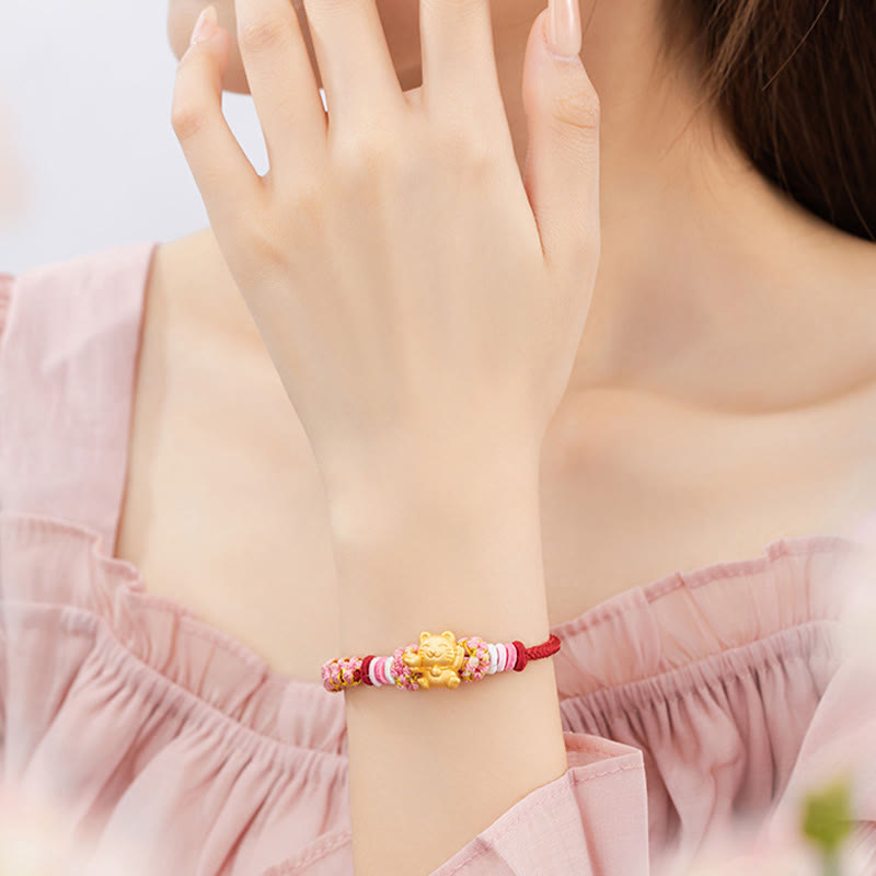 Bracelet en argent sterling 999 avec cordon rouge et chat porte-bonheur