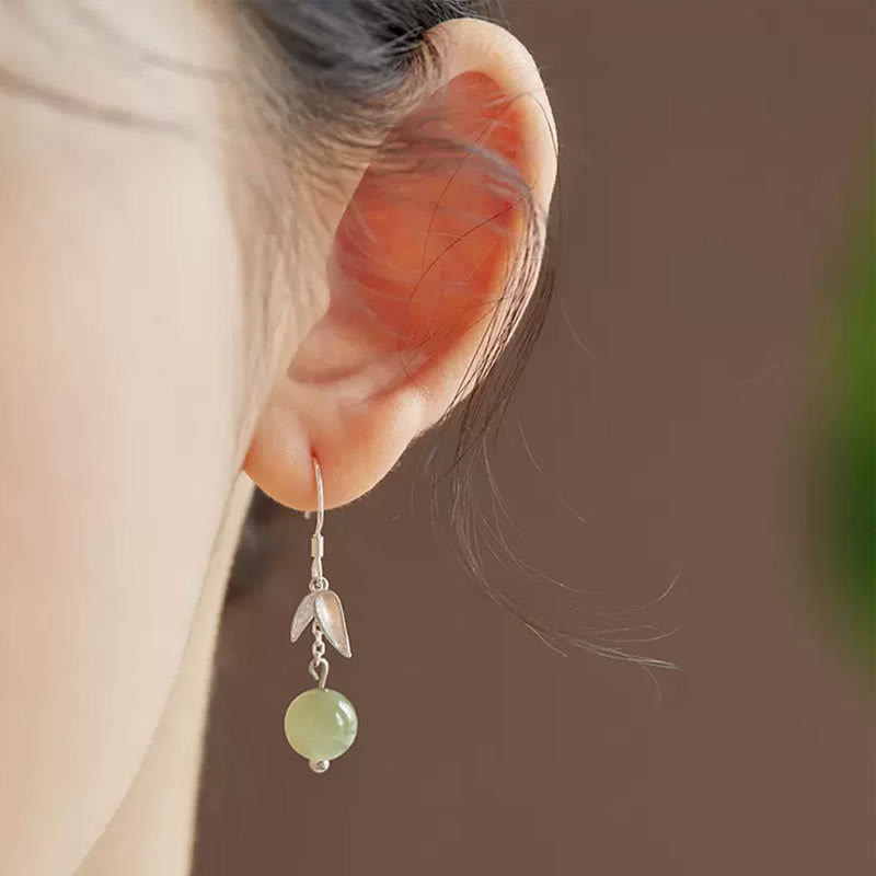 Boucles d'oreilles pendantes porte-bonheur en argent sterling 999 et jade Hetian en forme de feuille de bambou