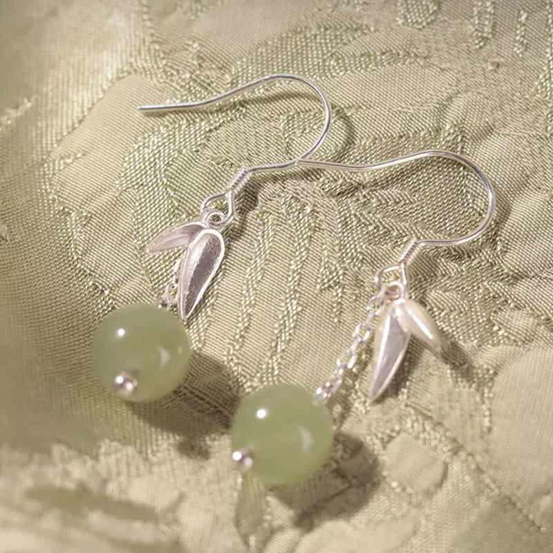 Boucles d'oreilles pendantes porte-bonheur en argent sterling 999 et jade Hetian en forme de feuille de bambou