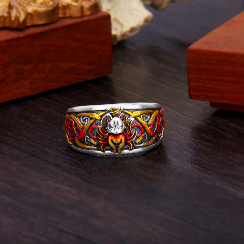 Bague de protection spirituelle en argent sterling 999 avec renard à neuf queues
